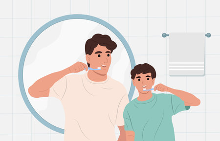 National Childrens Dental Health Month. Father and son brush their teeth together. Dad teaches how to brush teeth correctly and talks about the benefitsのイラスト素材