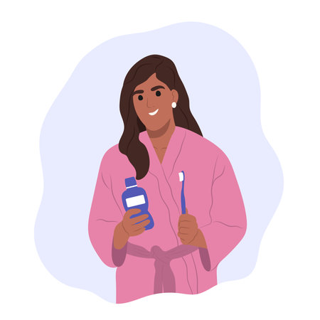 World Oral Health Day. A young smiling african american girl is holding a toothbrush and mouthwash. vector flat illustrationのイラスト素材