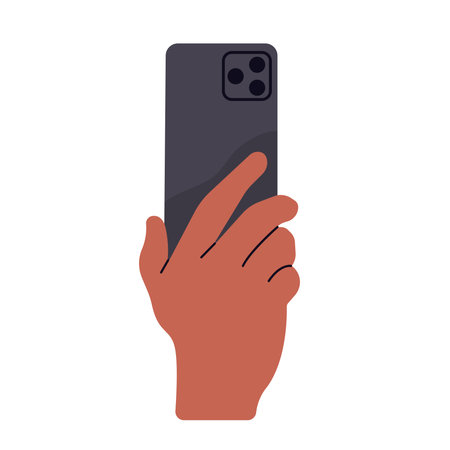 Hand of african american man holding mobile phone, back view. Flat vector illustration isolated on white backgroundのイラスト素材