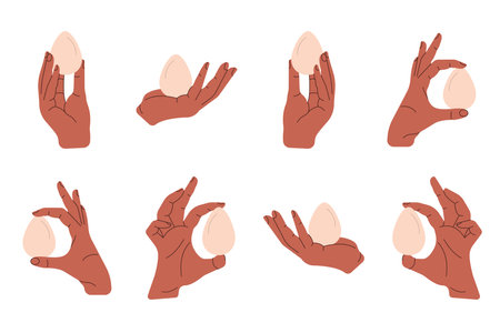 Makeup kit. Hands hold accessories for applying makeup base. Doodle cartoon style.のイラスト素材