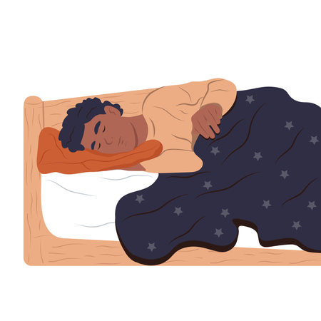 National Bed Month. A person lies under a blanket, sleeps and dreams in bed. Sleeping lonely man, bedtime concept. Vector flat illustration isolated on white.のイラスト素材