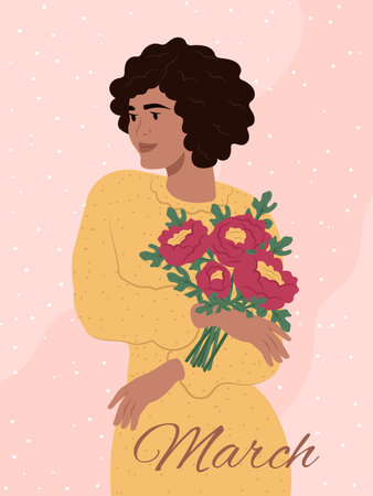 Greeting card for International Womens Day .Celebrate March 8 . African American woman holding red peonies. Women's respect and solidarity. Women's History Monthのイラスト素材