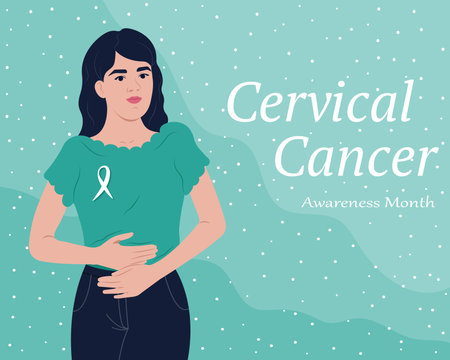 Ovarian Cancer Awareness Month in England. Ovarian Cancer Awareness Ribbon. A woman and a symbol of health. vector flat illustrationのイラスト素材