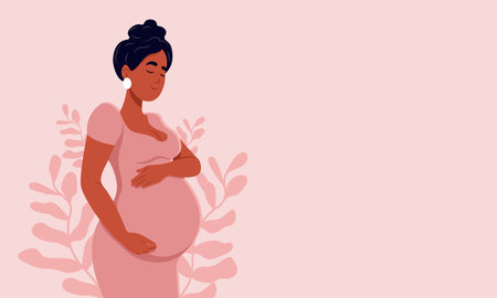Healthy pregnancy banner. Beautiful pregnant black woman hugs her belly. The concept of pregnancy and motherhood. Healthy pregnancy. Vector illustration in cute cartoon style.のイラスト素材