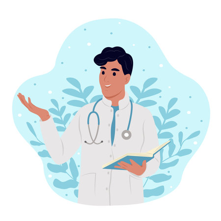 Happy male doctor in white coat and stethoscope in hands with notebook pointing to side. International Doctors Day.のイラスト素材