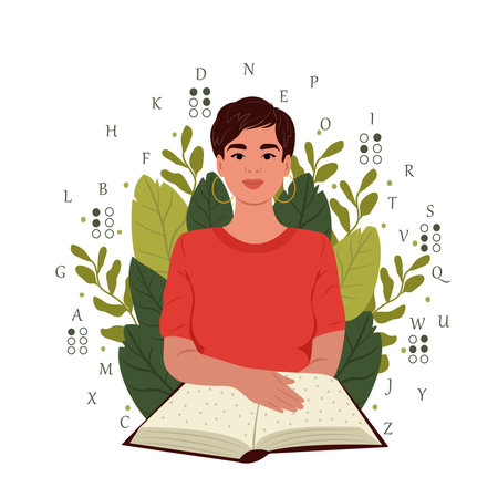 World Braille Day. Smiling blind woman reading something in braille. November 13 is International Day of the Blindのイラスト素材