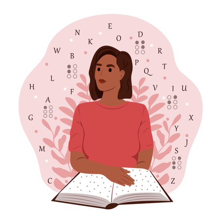 Black woman reads something in Braille. World Braille Day. World Braille Day. November 13 - International Day of the Blind. June 27 - International Day of the Deaf-Blindのイラスト素材