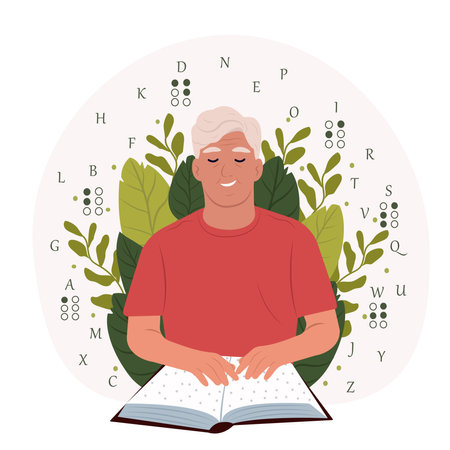 Elderly man reads something in Braille. World Braille Day.のイラスト素材