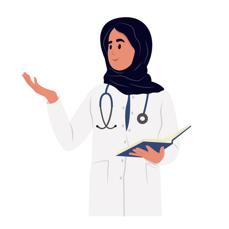 Happy female Muslim doctor is talking explaining something, gesturing with hand. A Muslim family doctor in a medical gownのイラスト素材