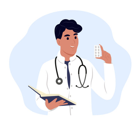 Doctor black with medicine. A doctor writes a prescriptionのイラスト素材