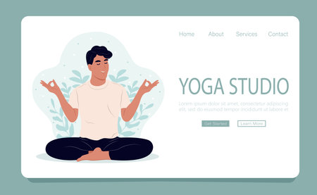 Yoga studio web page template. A man does yoga, meditating. International Day of Yoga. Modern concept of flat web page design for website and mobile site. Vector illustration.のイラスト素材