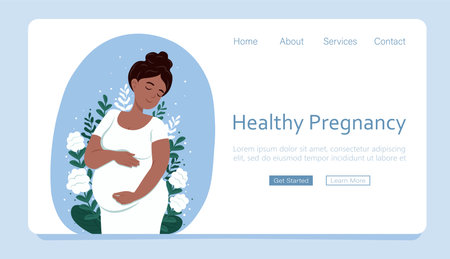 Web page template concept of pregnancy and motherhood. Healthy pregnancy banner. Beautiful pregnant black woman hugs her belly. Vector illustration in cute cartoon style.のイラスト素材