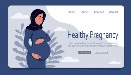 Beautiful pregnant Muslim woman hugs her belly. Healthy pregnancy banner.Web page template concept of pregnancy and motherhood.のイラスト素材
