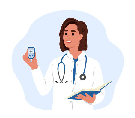 A young smiling female doctor holds a glucometer in his hands for measuring sugar. World Diabetes Day.のイラスト素材