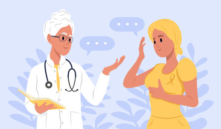 Elderly female doctor talking to cancer patient woman in headscarf. Yellow awareness ribbon. Awareness of the about Adenosarcoma, bladder cancer, bone cancer, endometriosis, sarcomaのイラスト素材