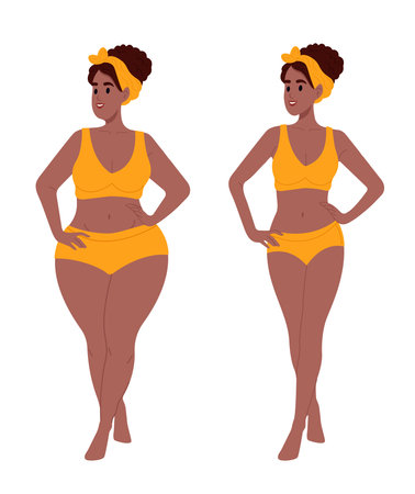 Before and after weight loss. Overweight African American woman standing in front of thin, slim, toned woman. Fat and overweight figure concept. Vector illustration.のイラスト素材