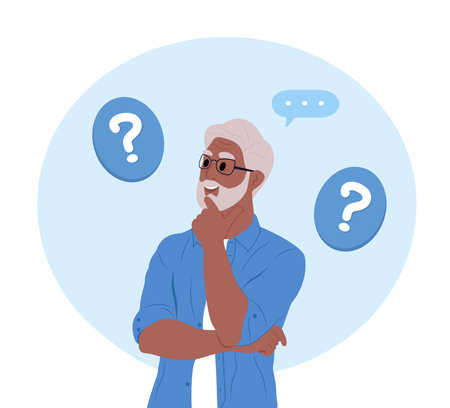 Elderly black man makes a choice, thinks, analyzing two options. Make choice, decision concept. Doubting, deciding, setting priorities. Flat vector illustrationのイラスト素材