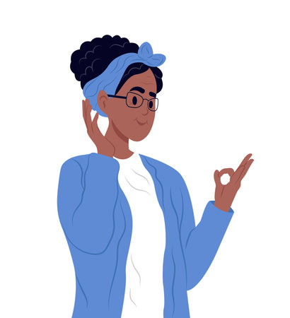 Deaf mute black elderly woman on white background. An adult learns sign language for the deaf disabledのイラスト素材