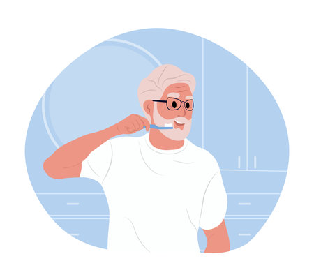 An elderly man brushes his teeth. Man with a toothbrush near the mirror in the bathroom. An elderly man holds a toothbrush in his hand. Daily dental hygiene, morning regimen.のイラスト素材