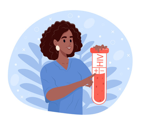 HIV testing day. A young smiling black female doctor holds a tube with blood. Analysis for the prevention of AIDS. Laboratory examination for HIV. June 27. Annual health day banner.のイラスト素材
