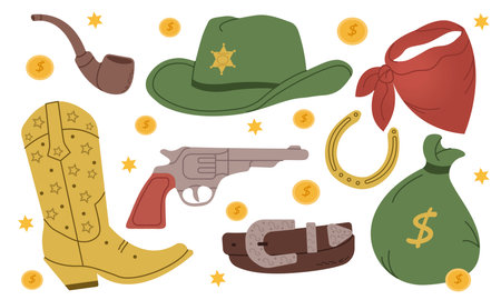 Wild west set. Cowboy boots, hat, gun,hatch for smoking, belt, horseshoe, money bag, neck scarf.のイラスト素材