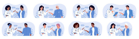 Doctors and patients of different races and ages. Male and female doctors talking to patients during consultation.のイラスト素材