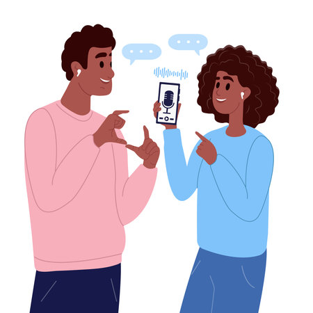 A young African-American couple listens to podcasts on a web app using wireless headphones. Audio therapy, sound healing rituals, positive habits for mental health.のイラスト素材