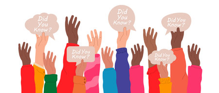 Concept of useful tips. Hands raised up holding speech bubbles with text Did you know, interesting fact, useful knowledge or wisdom, expert information, explanation or solutionのイラスト素材