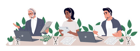 Call center operators are sitting at a desk in a cozy office. Concept illustration for support, call center. Vector illustration in flat styleのイラスト素材