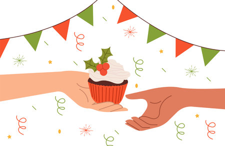 New year, Christmas celebration. Christmas template for card and banner. Vector illustration in flat cartoon styleのイラスト素材