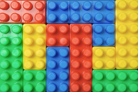 Colorful plastic brick toys. Close up. Top view.の写真素材