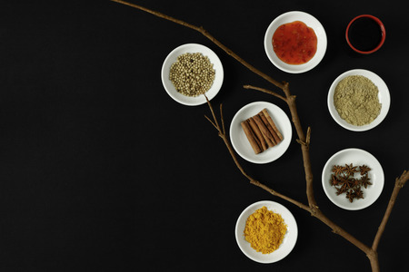 Asian spices, herbs and cooking ingredients on black background.の写真素材