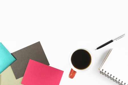 Office supplies on white office desk. Minimal simplicity flat lay with copy space.の写真素材
