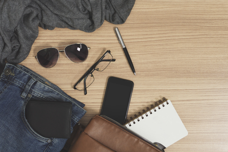 Men's casual outfits and accessories. Fashion flat lay.の写真素材