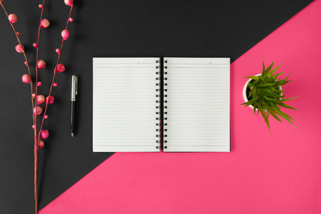Notebook with opened blank pages on pink and black background.の写真素材