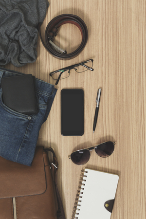 Men's casual outfits and accessories. Fashion flat lay.の写真素材