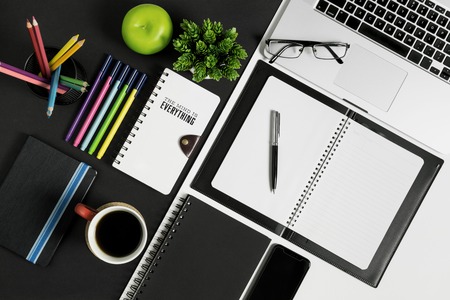 Multiple stationery items and devices for office and school. Top view flat lay of office supply.の写真素材