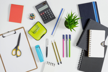 Multiple stationery items for office and school. Top view flat lay of office supply.の写真素材