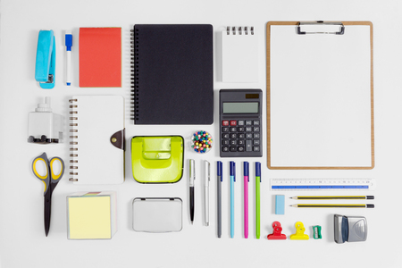 Multiple stationery items for office and school. Top view flat lay of office supply with copy space.の写真素材