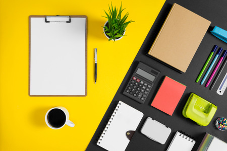 Multiple stationery items for office and school. Top view flat lay of office supply with copy space.の写真素材