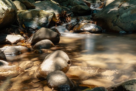 Calm creek with rocks beautifully painted by the sun light.の写真素材