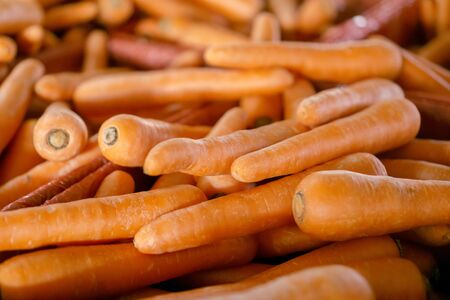 Pile of orange colored carrots for sale in a market.の写真素材