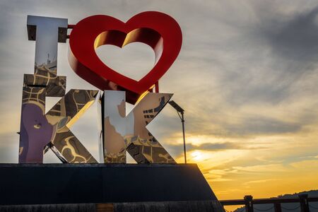 Kota Kinabalu, Sabah, Malaysia - August 23, 2019: I Love KK statue. A tourist attraction landmark located at the heart of Kota Kinabalu Sabah.のeditorial素材