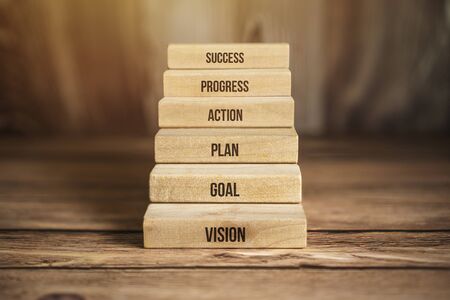 Wooden Block Ladder of Success. Business and Career Progress Concept.の写真素材