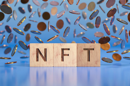 NFT Word in Front of Golden Coins Falling Down.の写真素材