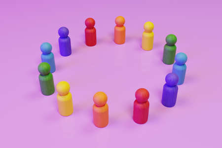 Diversity, Equality and Representation Concept. Colorful Wooden Doll Figures in a Circle. 3D Render.の写真素材