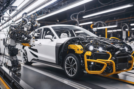 Transformative impact of robotics in the automotive industry. A futuristic robot engaged in the assembly of a car at a factory. Created with generative AI.の素材