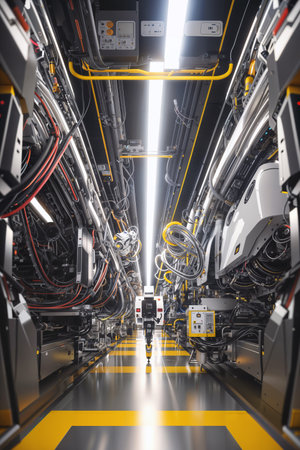 Advanced automation. A futuristic robot in a factory. Created with generative AI.の素材