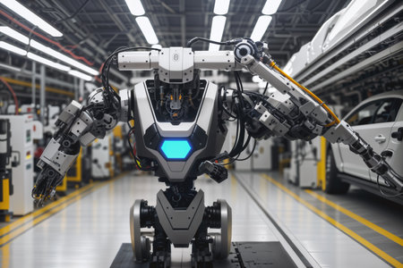 Advanced automation. A futuristic robot in a factory. Created with generative AI.の素材