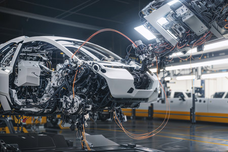 Transformative impact of robotics in the automotive industry. A futuristic robot engaged in the assembly of a car at a factory. Created with generative AI.の素材